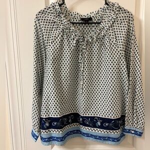 J. Crew White and Blue Ruffled 3/4 Sleeve Blouse